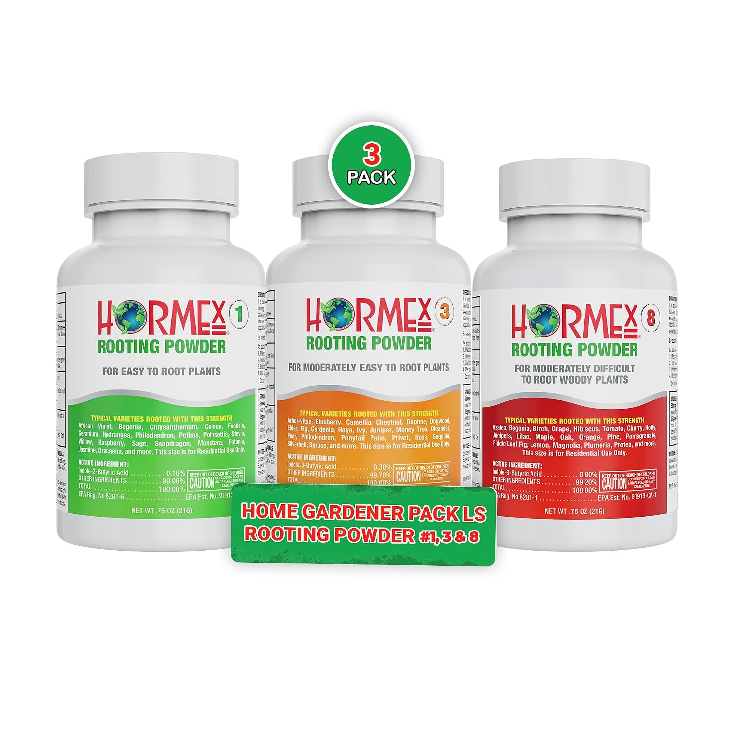 Hormex Rooting Powder Combo #1, 3, 8 (0.10-0.8 IBA) for Delicate and Common Houseplants to Semi-Hardwood