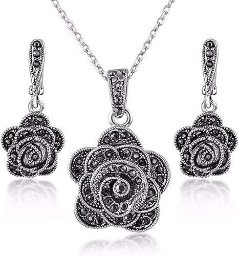 Black Geometric Crystal Rose Earrings and Pendant