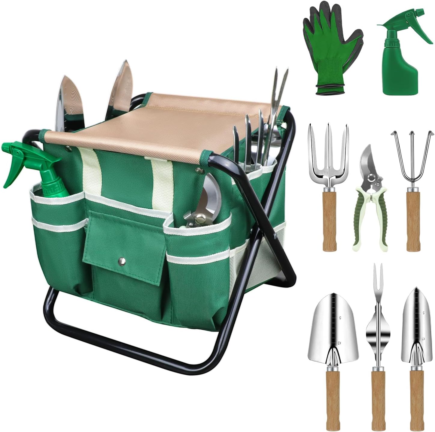Garden Tool Set,10 Pieces Heavy Duty Gardenting Tool Kit, Folding Stool with Detachable Tote Bag, Thicker Stainless Steel Tools