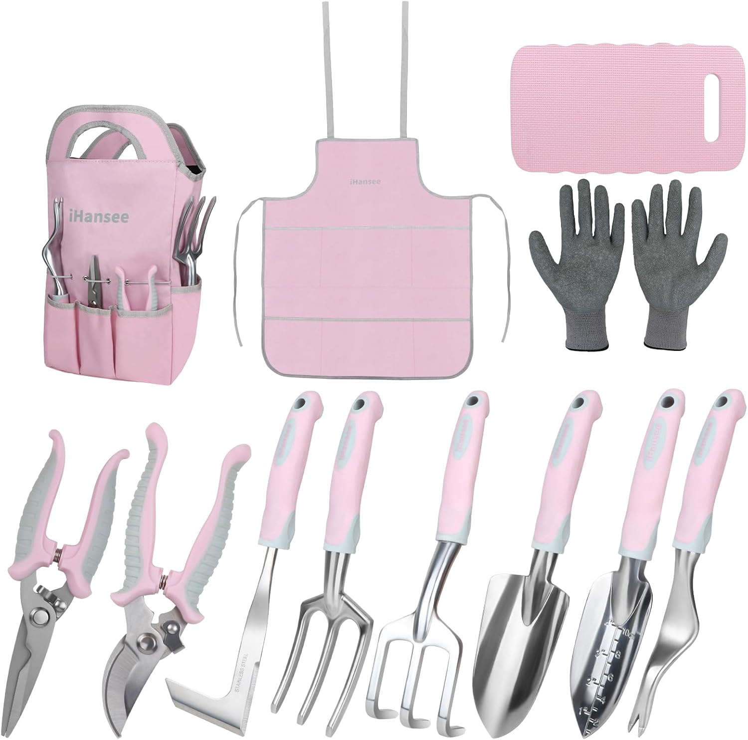 Garden Tool Sets 12 Pieces, iHansee Aluminum Gardening Hand Tools with Non-Slip Handle, Kneeling Pad, Apron, Gloves and Organizer Bag, Landscaping Tools