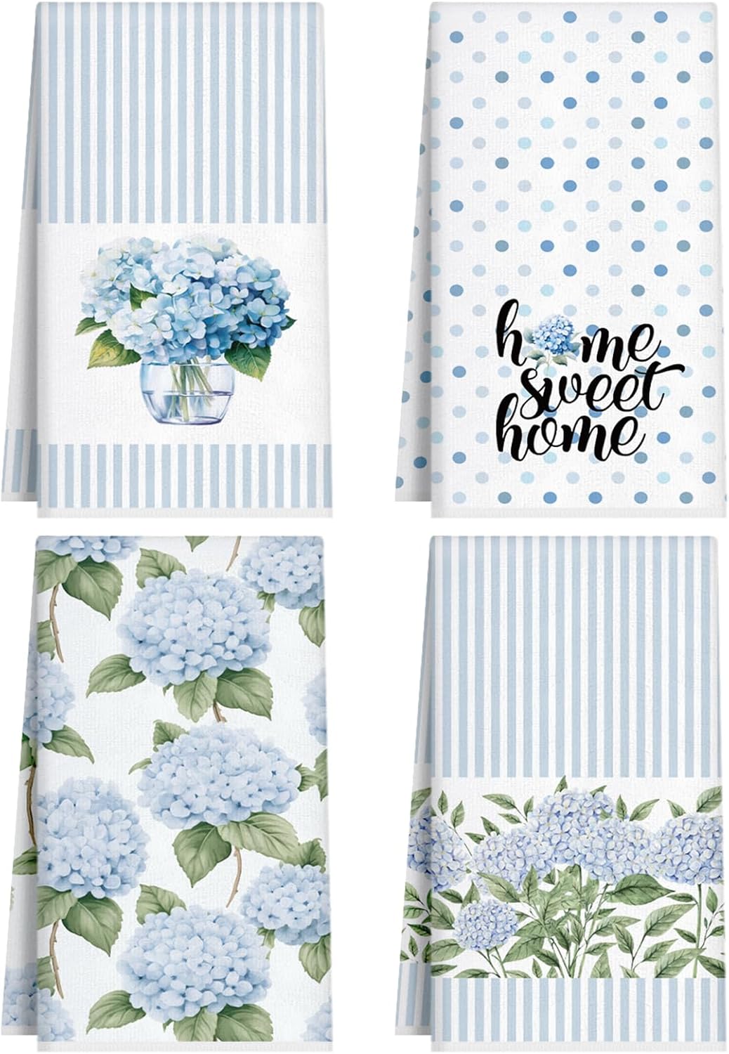 4 Pack Blue Hydrangea Kitchen Hand Towels