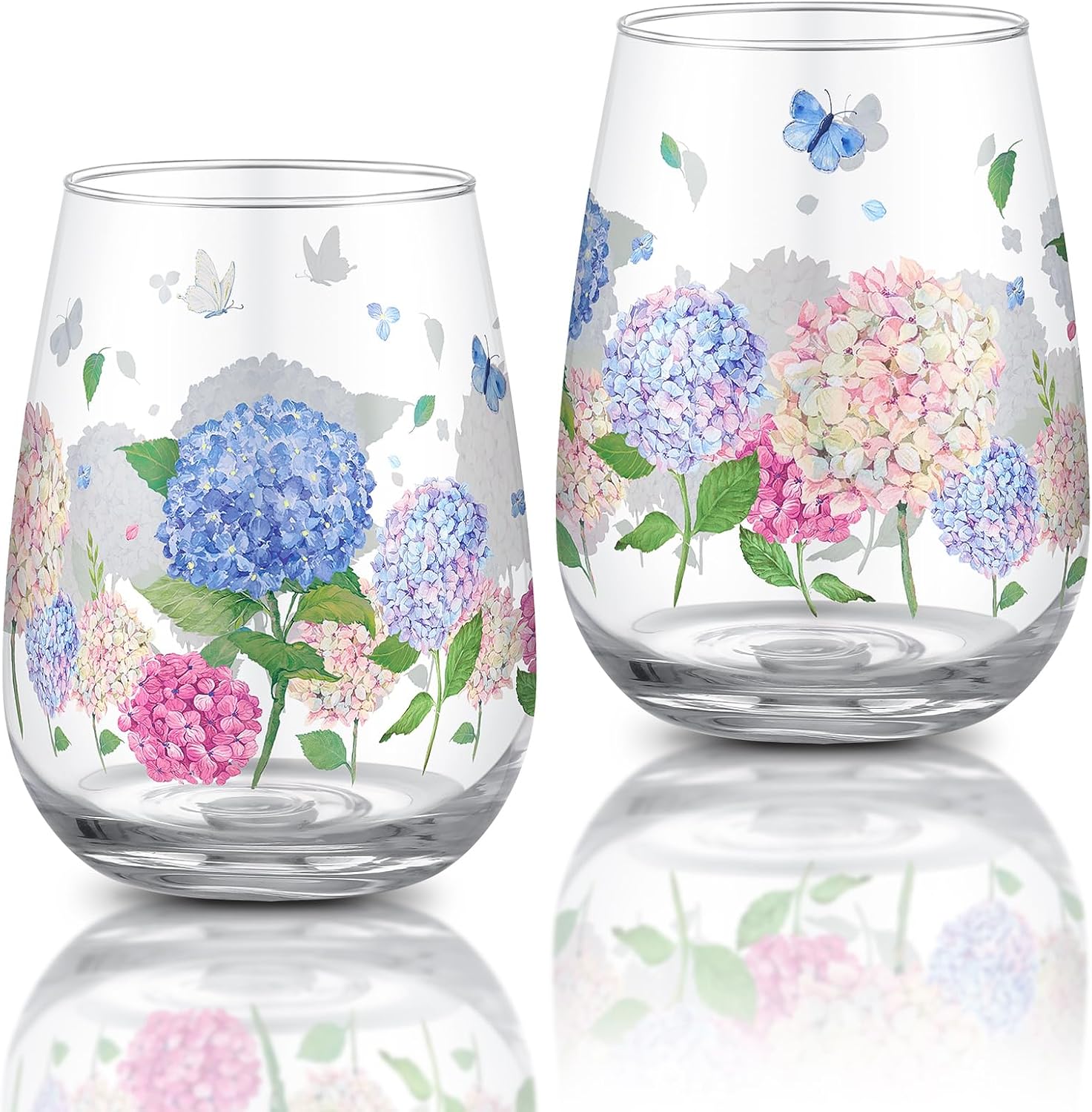 Hydrangea Flower Stemless Wine Glass