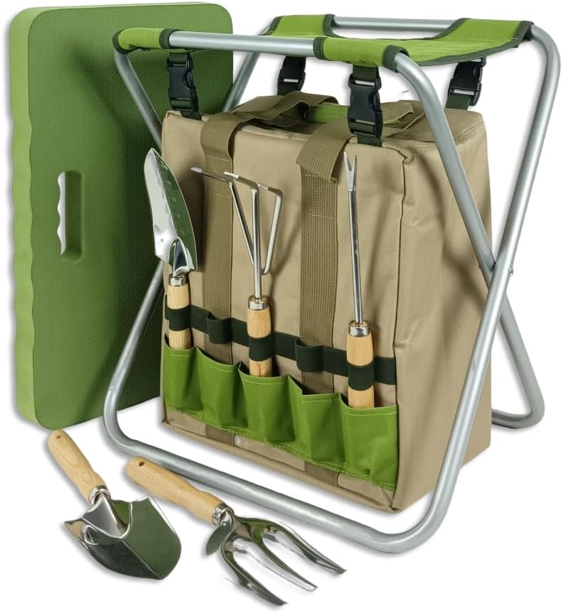 Garden Folding Gardener Stool with Gardening Tools Insulation Garden Bags Plus 5 Garden Tools and Gardening Kneeler