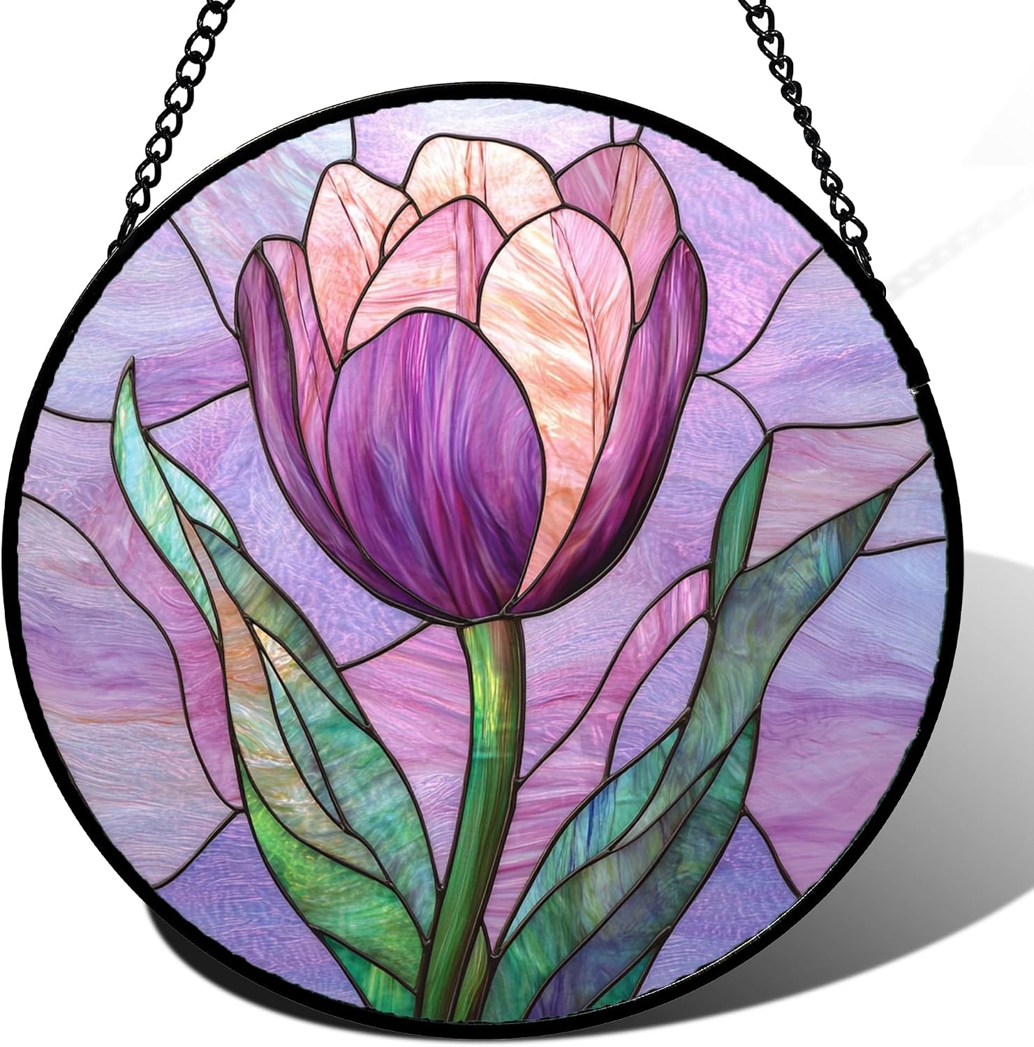 Stained Glass Window Hanging Purple Tulips Flower 9.8" - Suncatcher Door Garden Sun Catcher