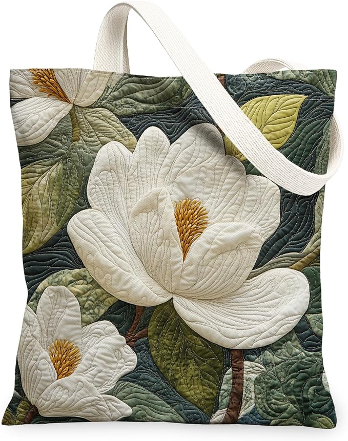 Quilted Magnolia Flower Canvas Tote Bag