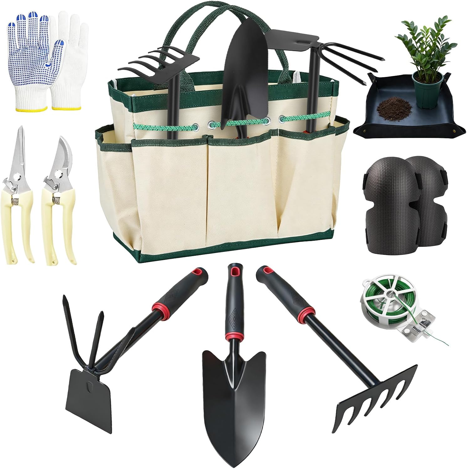 10 Pcs Gardening Tool Set - Heavy Duty Garden Kit with Stainless Steel Pruning Shears, Trowel Garden Tool, Kneeling Pads, Repotting Mat