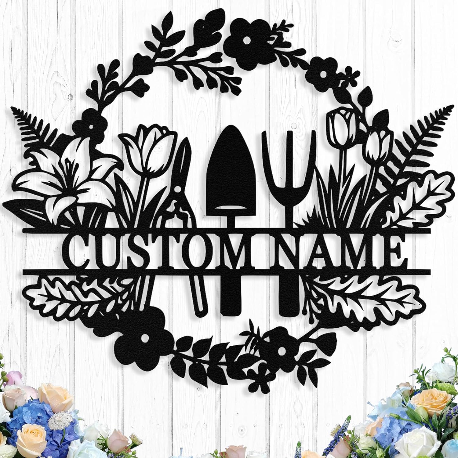 Custom Garden Signs with Flowers and Tools, Personalized Metal Garden Signs for Outside