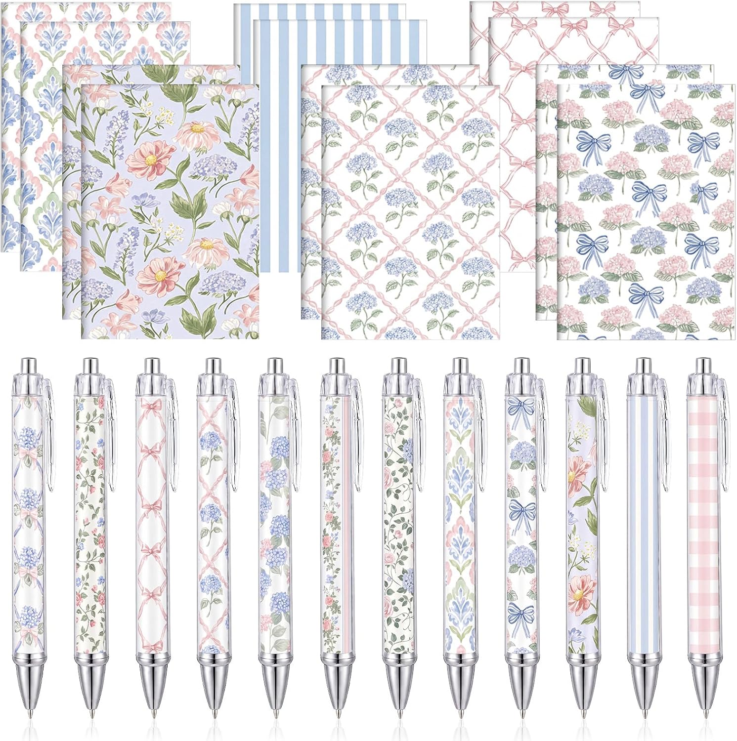 24 Pcs Blue Hydrangea and Bow Floral Pen Notebook Set