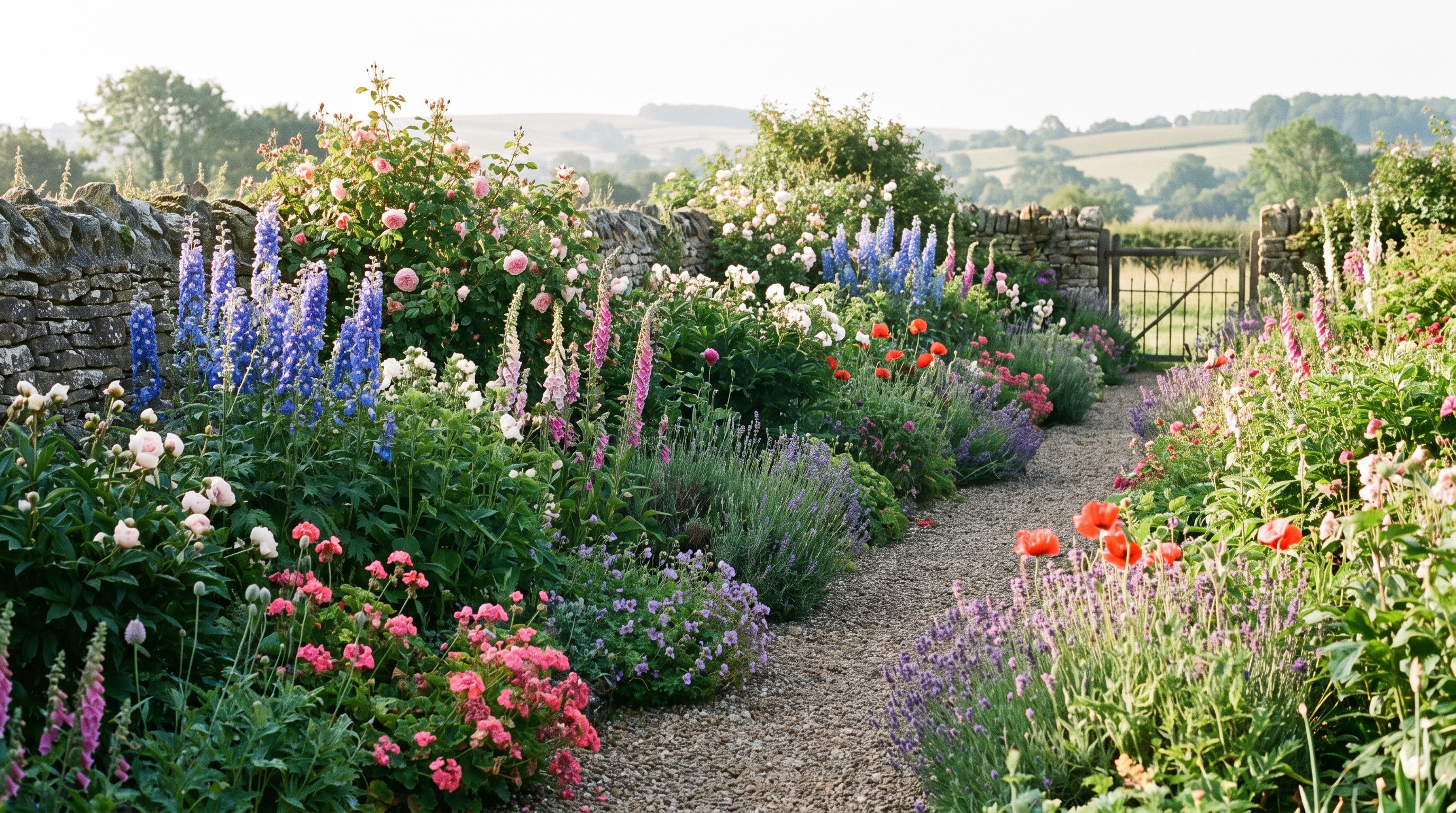 Prompt: wide shot of a layered perennial border, varying heights and bloom colors, early-morning light, dew on foliage, photographic