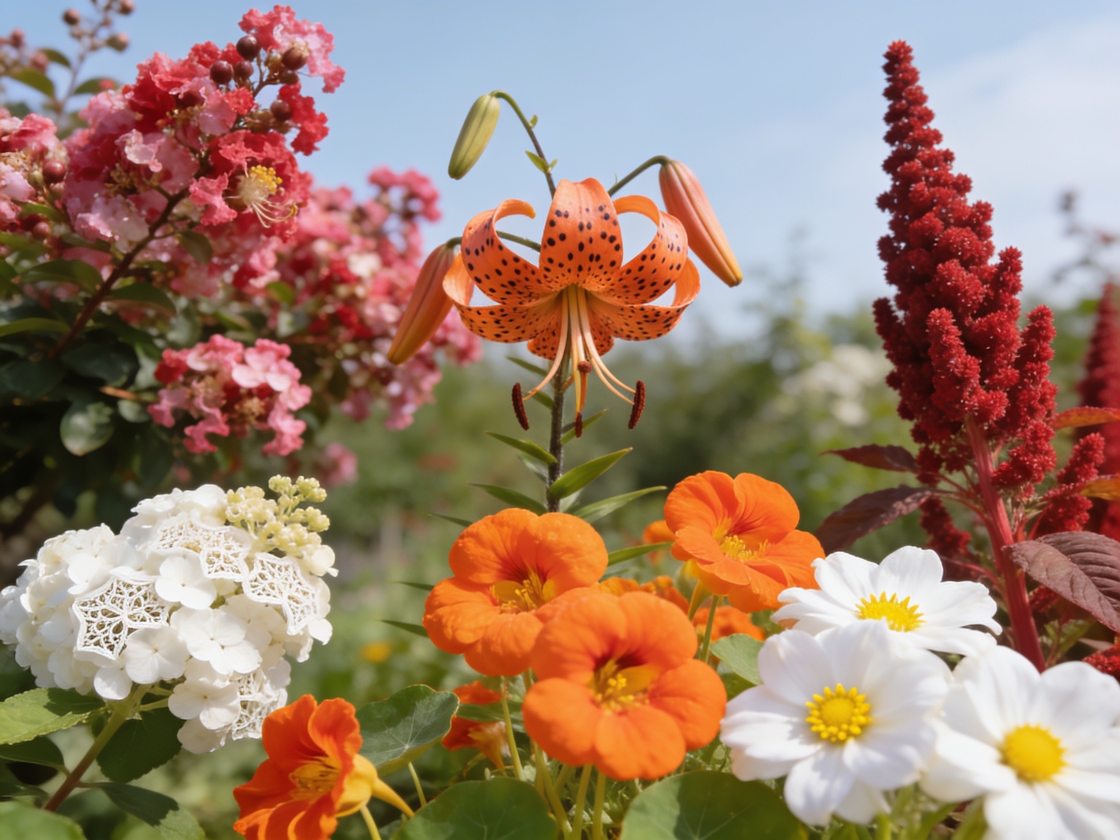 Prompt: spotted orange blackberry lily bloom with sword-shaped leaves, natural daylight, photographic