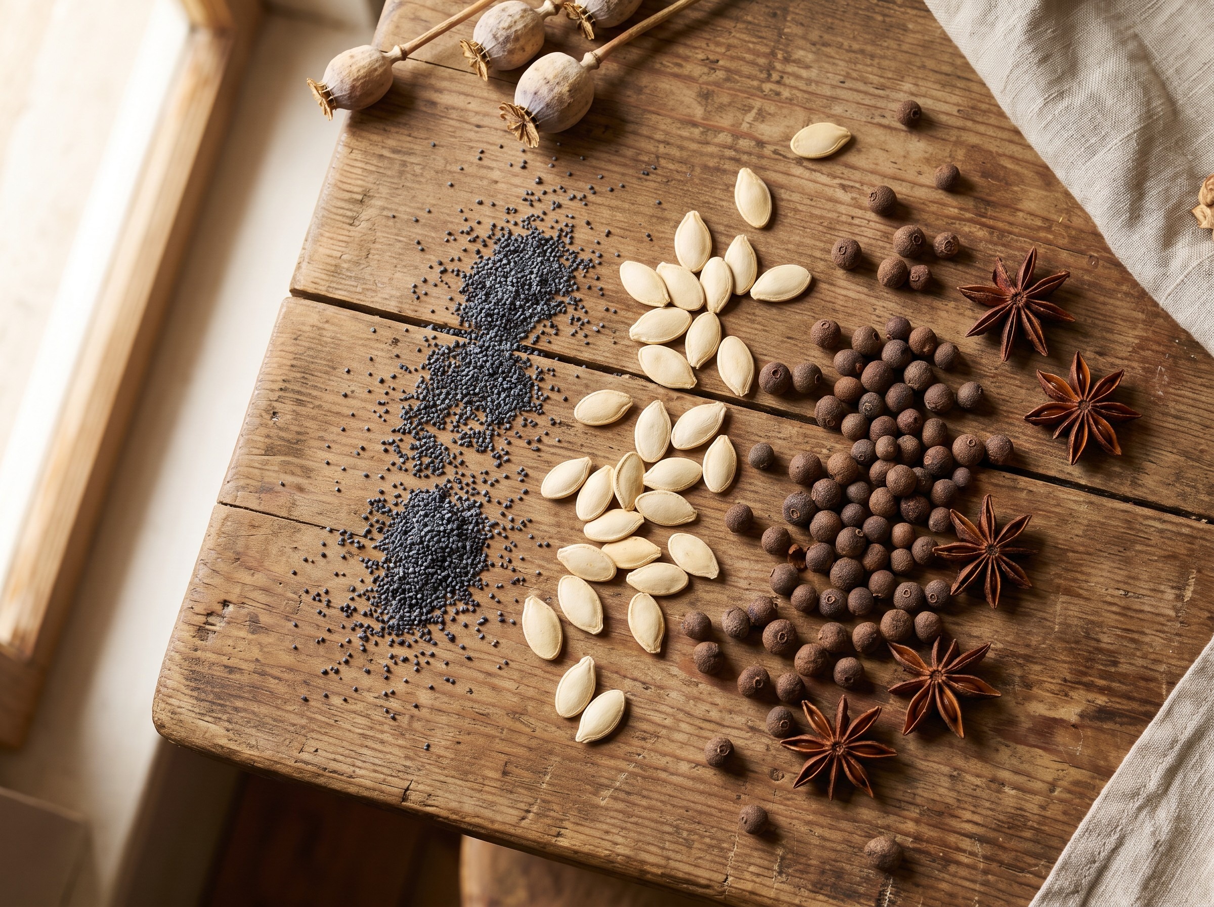 Poppy seed pod with scattered blue-black seeds