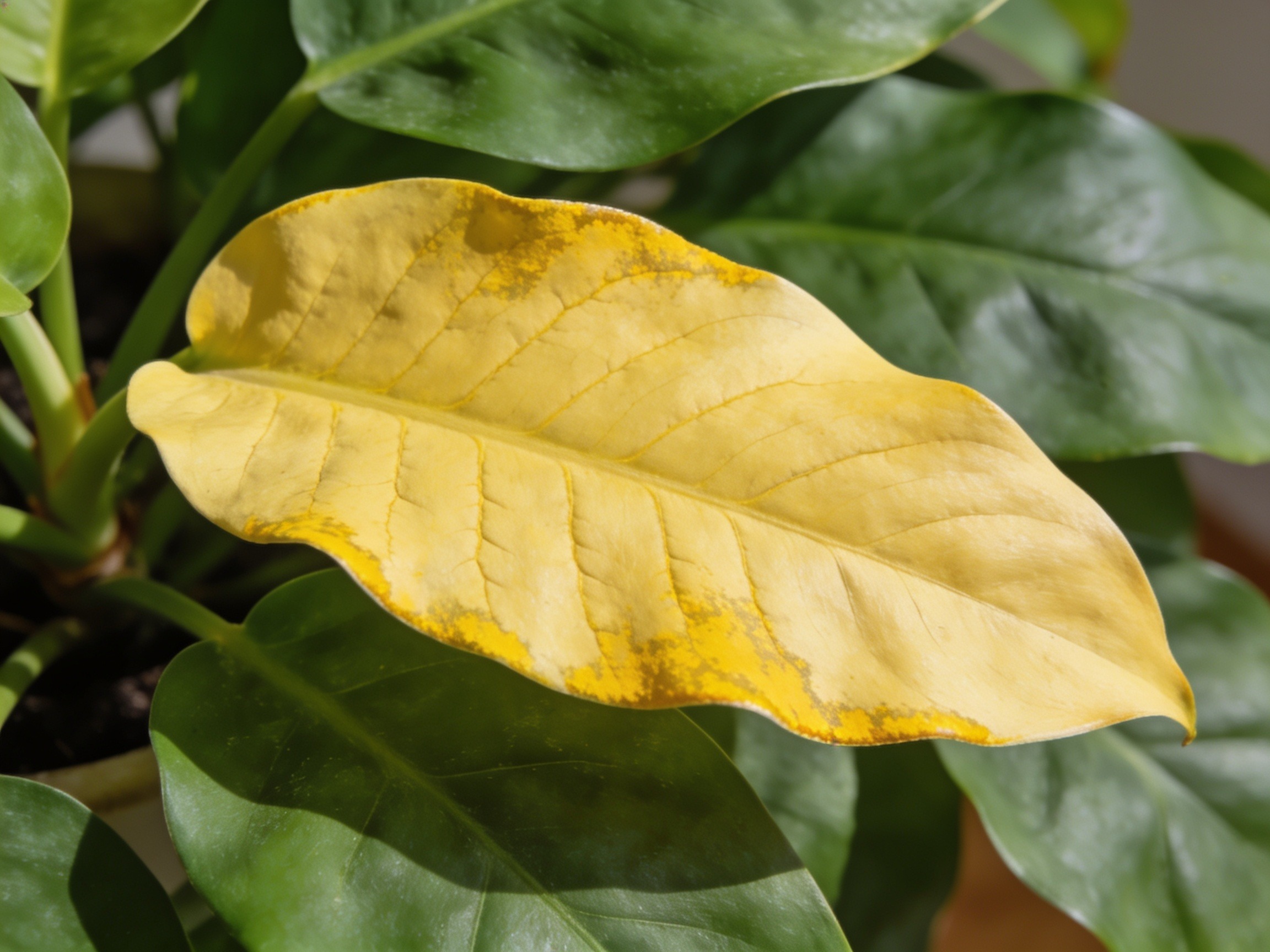 Prompt: houseplant leaf turning yellow, close-up against healthy green leaves, natural daylight, photographic